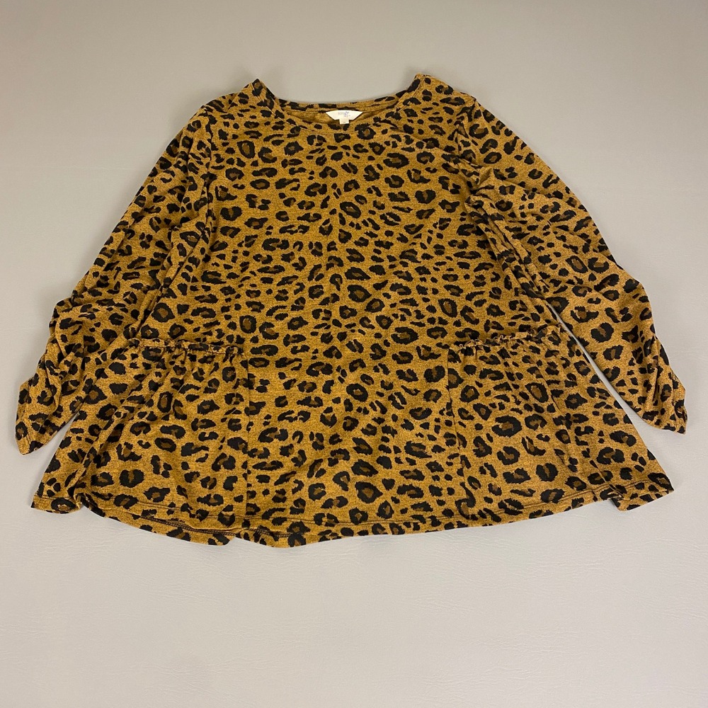 Terra & Sky Leopard Print Tunic‎ Top Plus Size 1X Ruffle Hem Long Sleeve